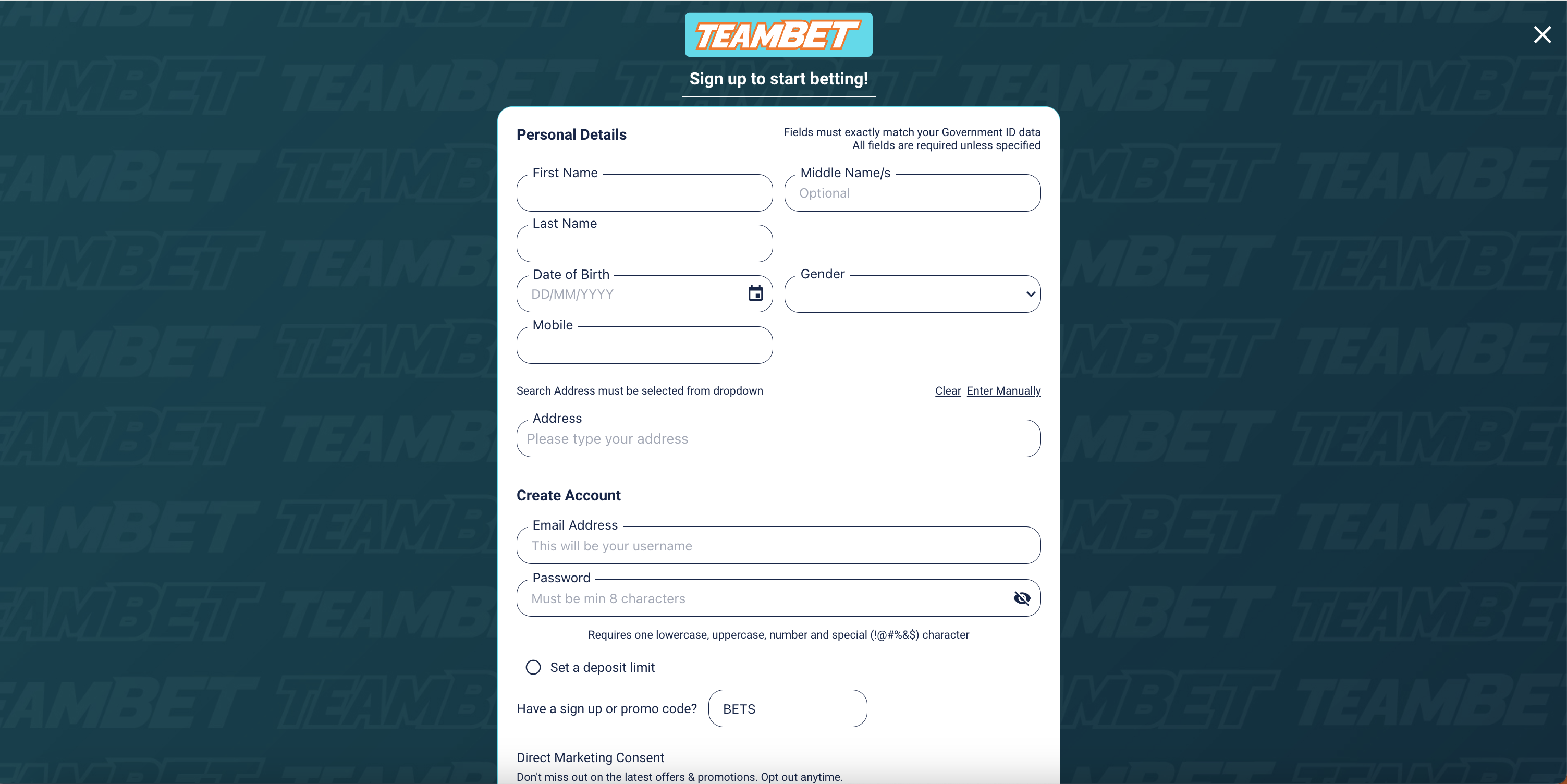 TeamBet Sign Up